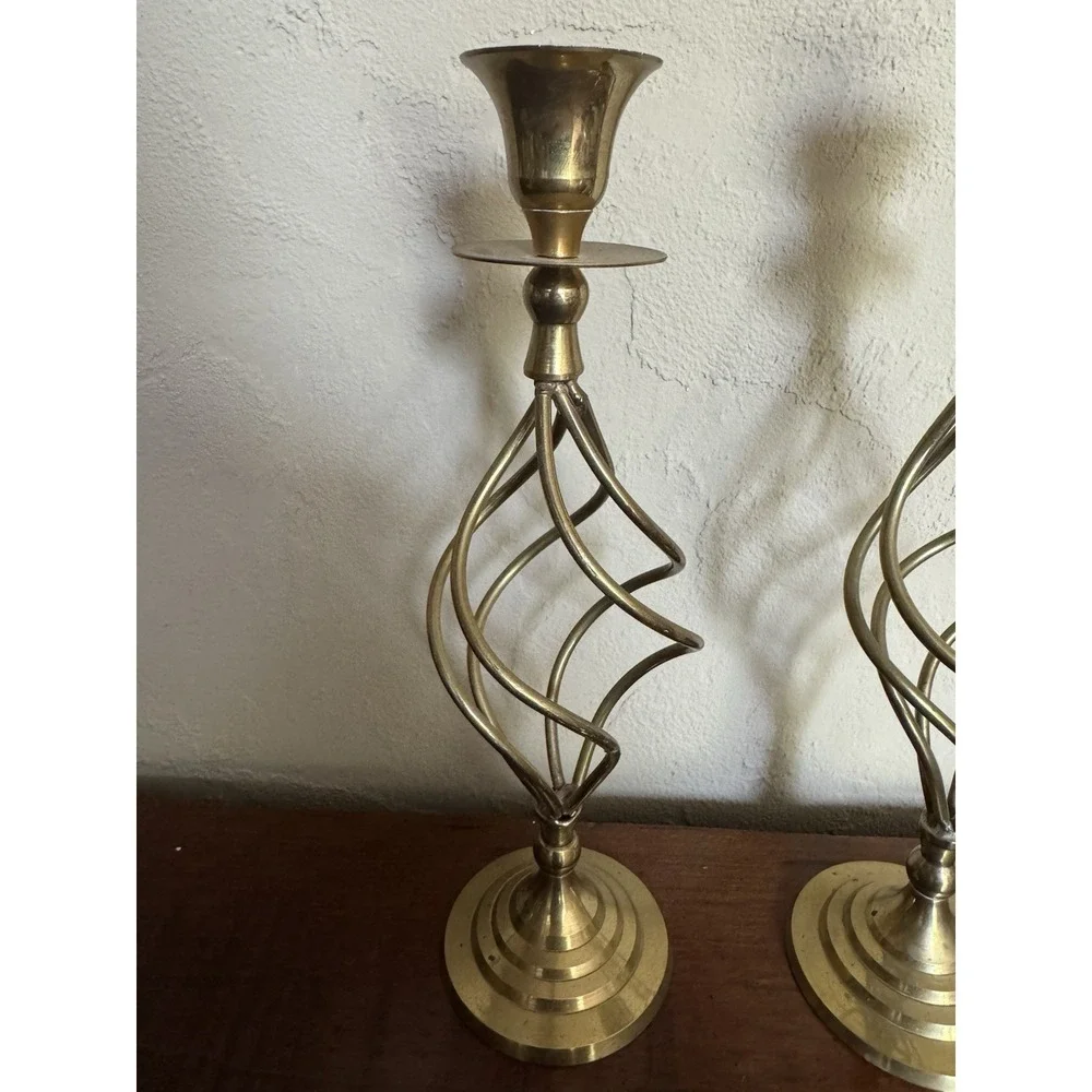 Vintage 1960s-70s Brass Open Spiral Cage Candlestick Holders, Pair‎